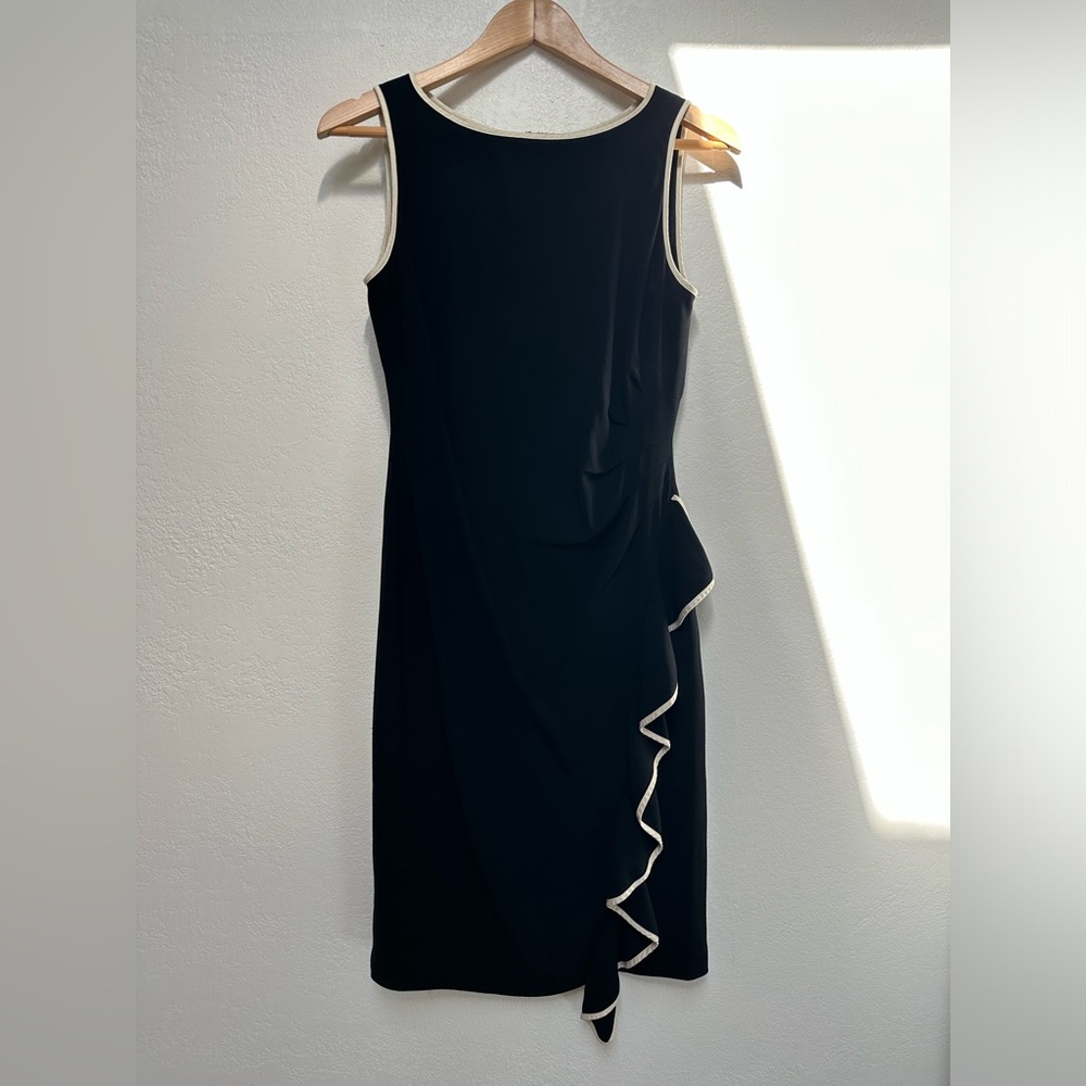 Chic Black Gathered Waist Sheath Dress with Cream Ruffle Accent